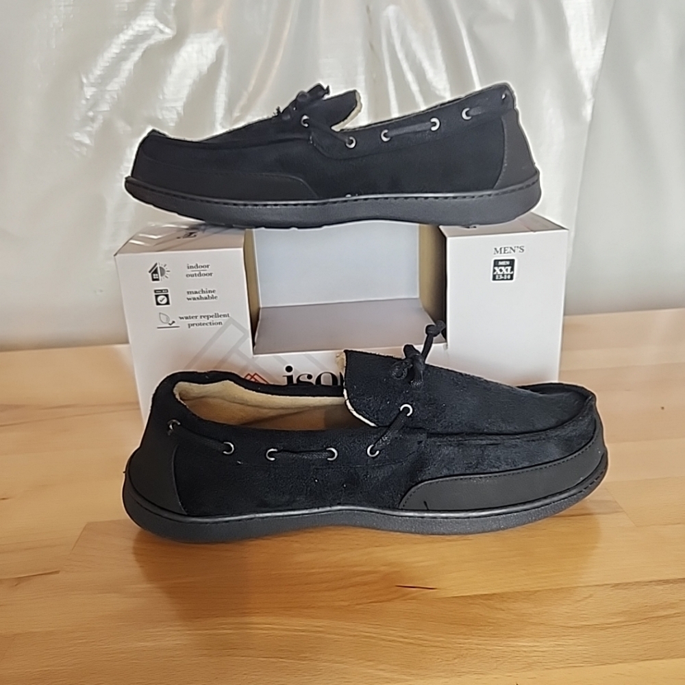 Isotoner Memory Foam Moccasin Slippers Mens XXL 13-14 Black Cozy Comfort NEW NIB